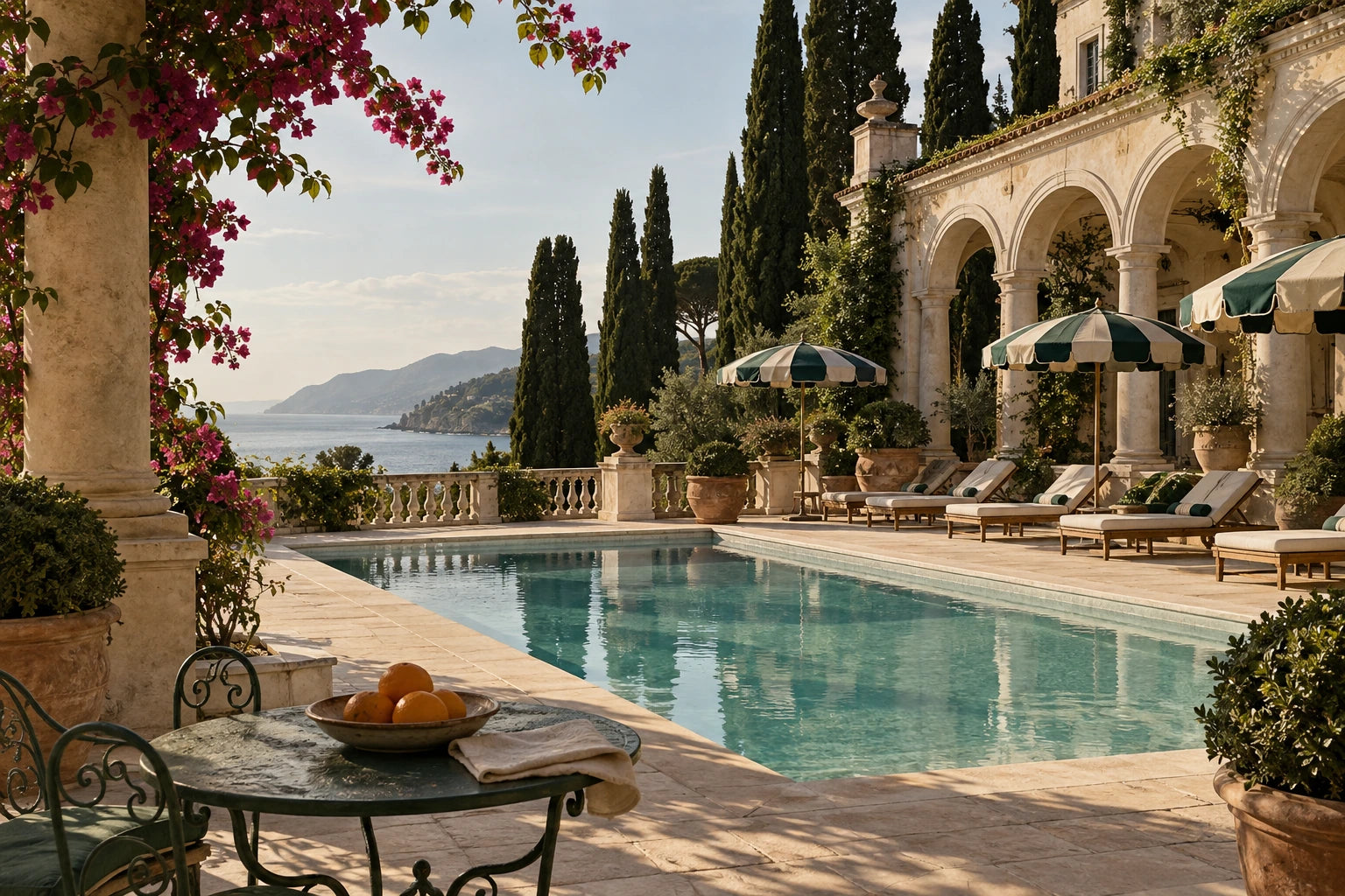 Sunlit courtyard with classical arches, a pool and green striped parasols.