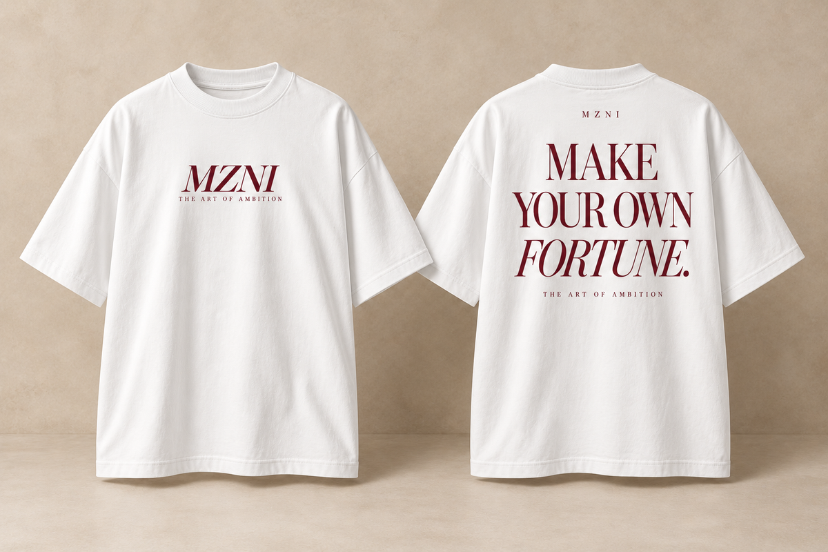 MZNI Fortune Oversized Tee — white front and back with burgundy print