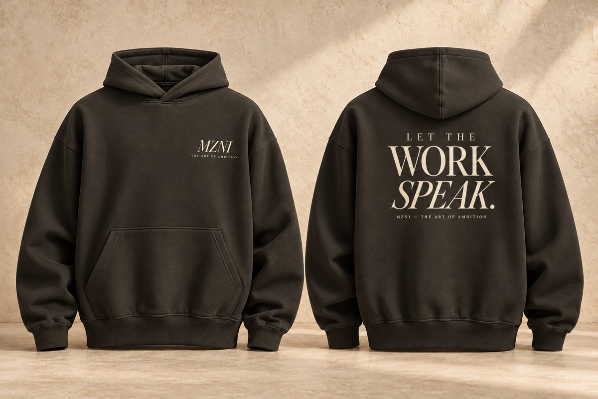 MZNI Let The Work Speak Box Hoodie in Vintage Black — front and back with ivory print