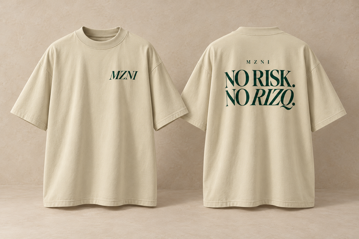 MZNI No Risk No Rizq Oversized Tee in Stone — front and back with forest-green typography