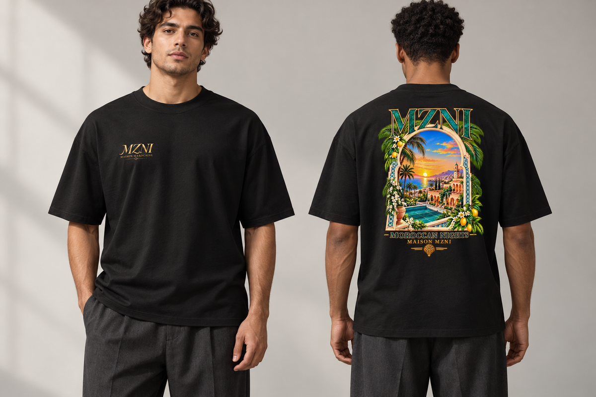 MZNI — Moroccan Nights Tee — studio mockup, front and back on models