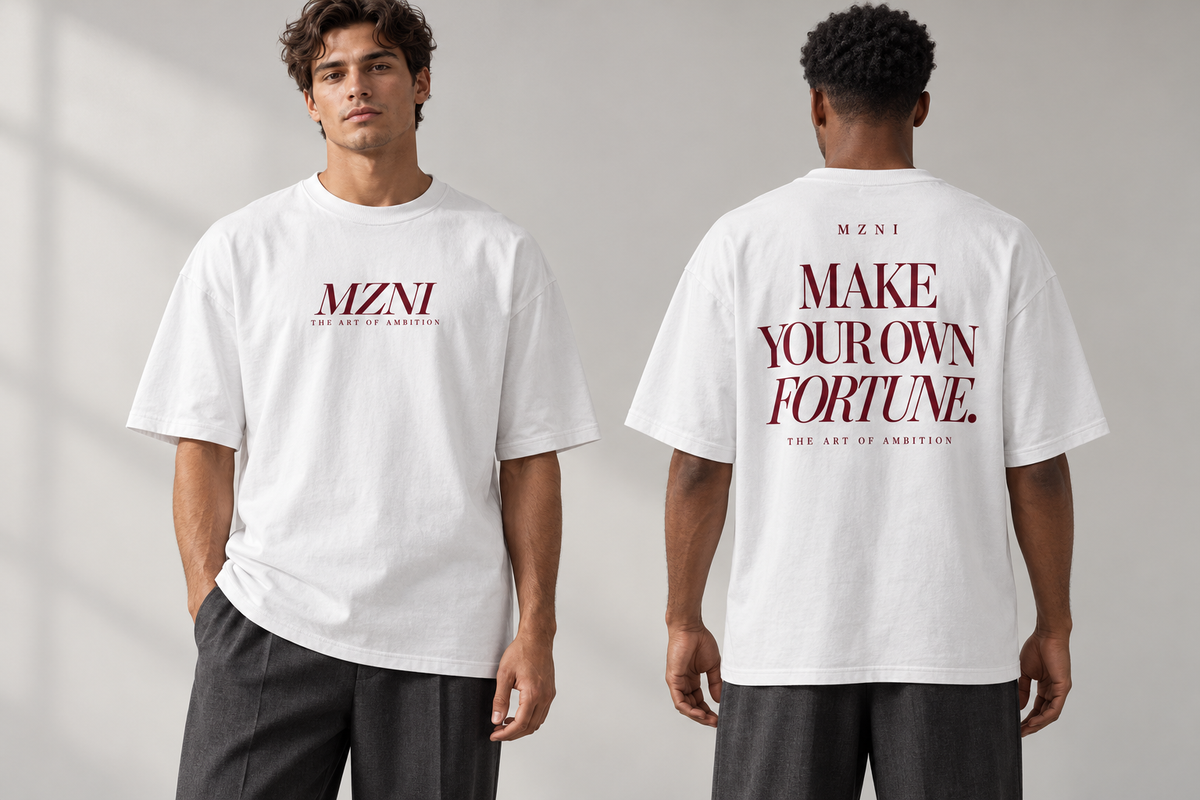 MZNI — Fortune Oversized Tee — studio mockup, front and back on models