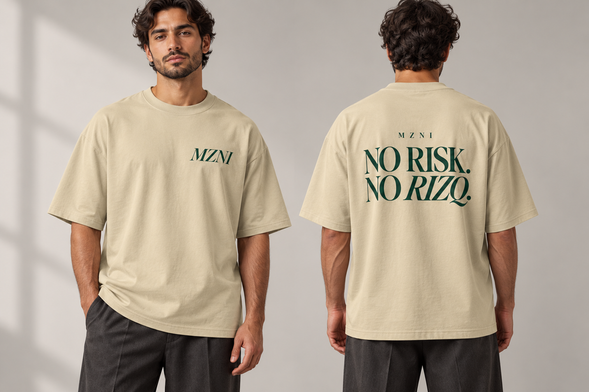 MZNI — No Risk No Rizq Oversized Tee — studio mockup, front and back on models