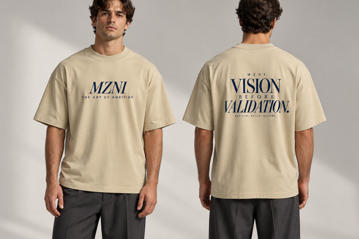 MZNI — Vision Oversized Tee — studio mockup, front and back on models