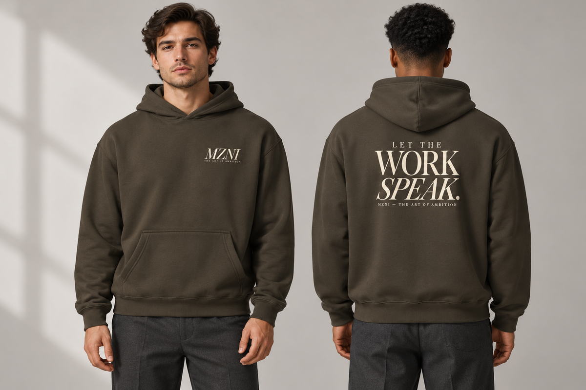 MZNI — Let The Work Speak Box Hoodie — studio mockup, front and back on models