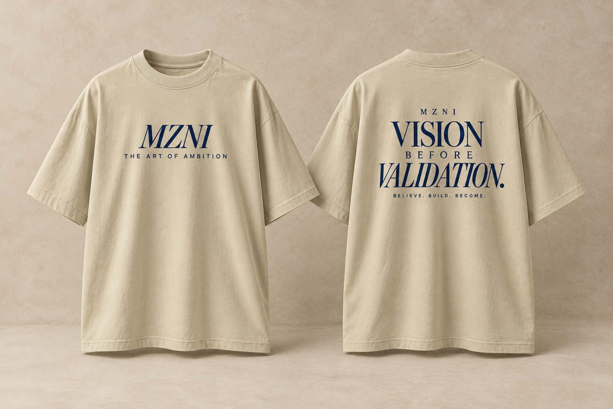 MZNI Vision Oversized Tee in Stone — front and back with midnight-navy typography