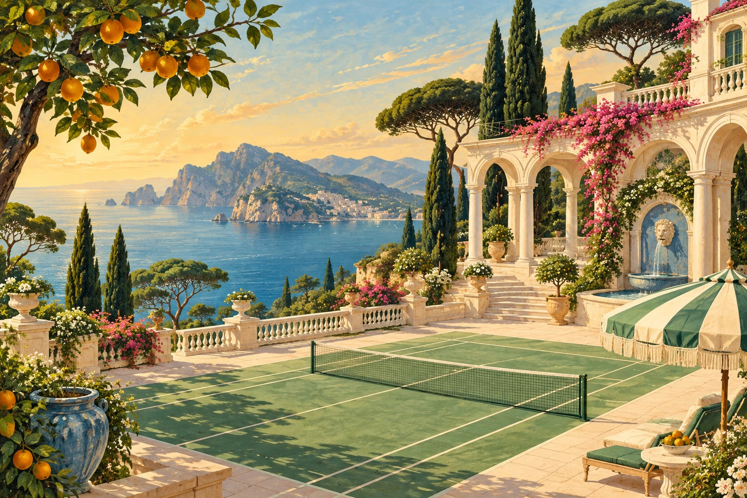 Painted Mediterranean villa with a tennis court, coastal views and citrus trees.